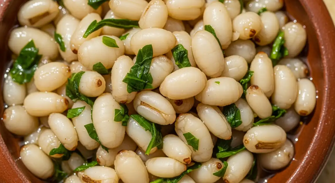 Close-up of authentic Mexican Escamoles sautéed with green epazote, showcasing their creamy white, kernel-like appearance...