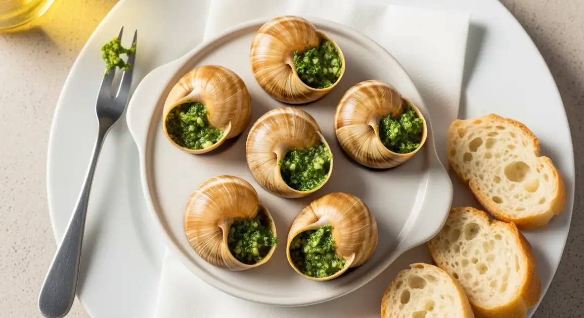 Overhead view of authentic French Escargots de Bourgogne served in a traditional ceramic escargot dish with individual...