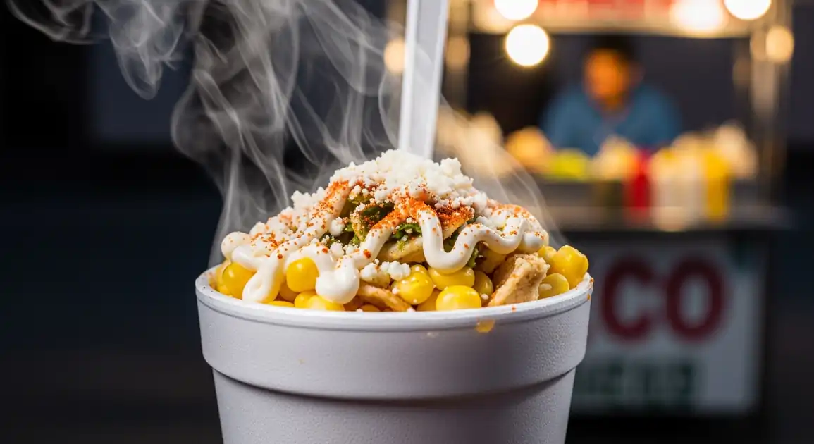 Steaming cup of Mexican Esquites street food from Mexico City, filled with corn, mayo, cheese, chili, and lime, served hot...