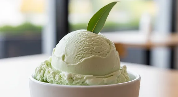 Close-up scoop of pale, subtly green-tinged Eucalyptus Ice Cream from Australia, showcasing a smooth, creamy texture in a...
