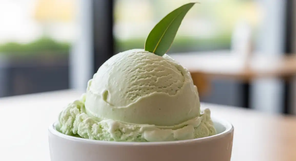 Close-up scoop of pale, subtly green-tinged Eucalyptus Ice Cream from Australia, showcasing a smooth, creamy texture in a...
