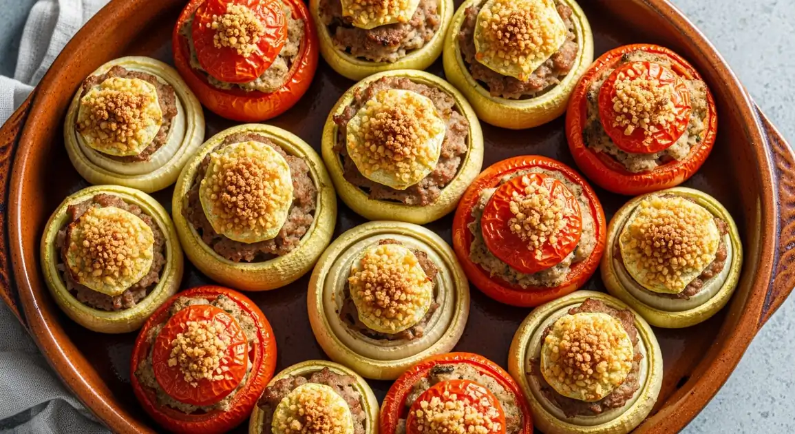 Authentic Farcis Niçois from Nice, France; assortment of baked summer vegetables (zucchini, tomatoes, onions) stuffed with...