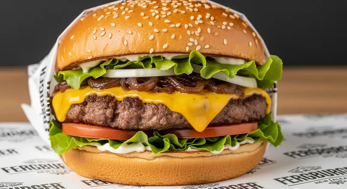Close-up of a massive Fergburger from Queenstown, New Zealand, showing a juicy beef patty with melted cheese, fresh lettuce...