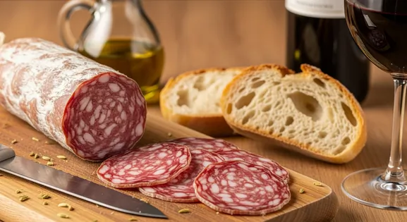 Close-up of authentic Italian finocchiona from Florence, showing thinly sliced Tuscan fennel-seed salami with beautiful...