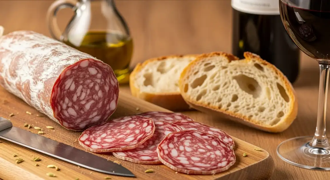 Close-up of authentic Italian finocchiona from Florence, showing thinly sliced Tuscan fennel-seed salami with beautiful...