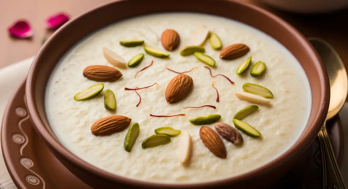 Close-up of creamy white authentic Indian Firni (Phirni) served chilled in a traditional earthenware bowl (shikora)...
