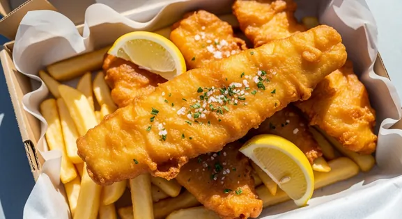 Authentic Australian Fish and Chips: golden-brown battered fish fillets and thick-cut fries in a takeaway box, garnished with lemon and salt.