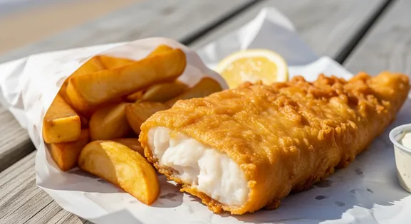 Close-up of authentic New Zealand fish and chips: a crispy golden battered fish fillet rests beside thick-cut, chunky chips...
