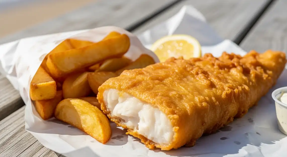 Close-up of authentic New Zealand fish and chips: a crispy golden battered fish fillet rests beside thick-cut, chunky chips...