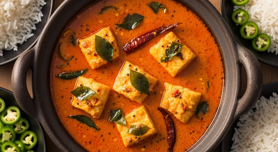 Overhead view of authentic Sri Lankan fish curry served in a traditional clay pot - vibrant red-orange coconut milk sauce...
