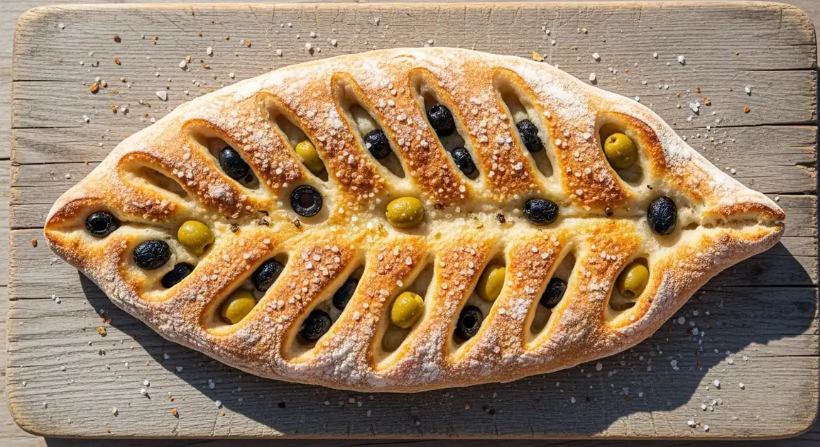 Overhead view of a leaf-shaped Fougasse aux Olives from Marseille, France, featuring a golden crust, characteristic slashes...