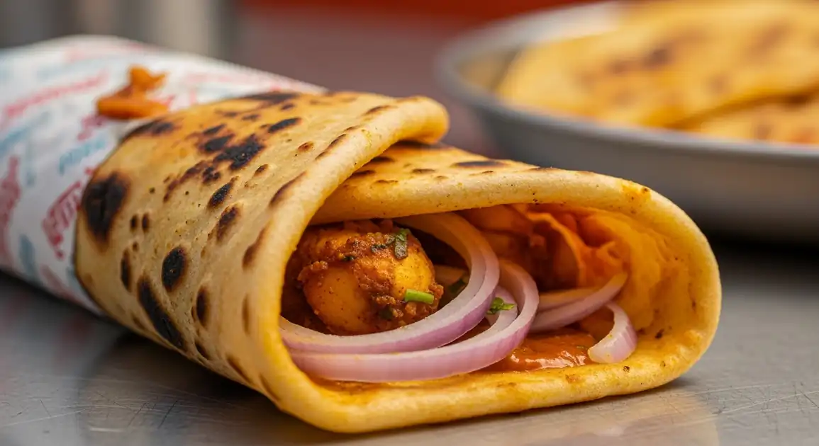 Close-up of an authentic Indian Frankie wrap from Mumbai, featuring a golden-brown rolled flatbread enclosing a spiced...