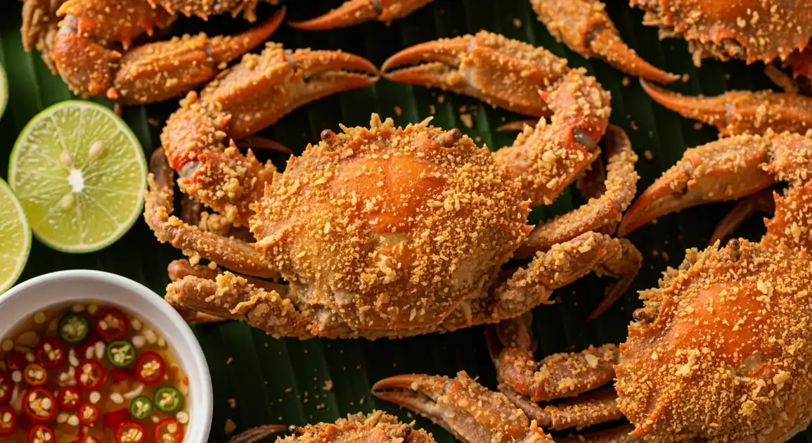 Overhead view of golden-brown fried soft shell crabs from Thailand, showing crispy whole crabs with intact legs and claws...