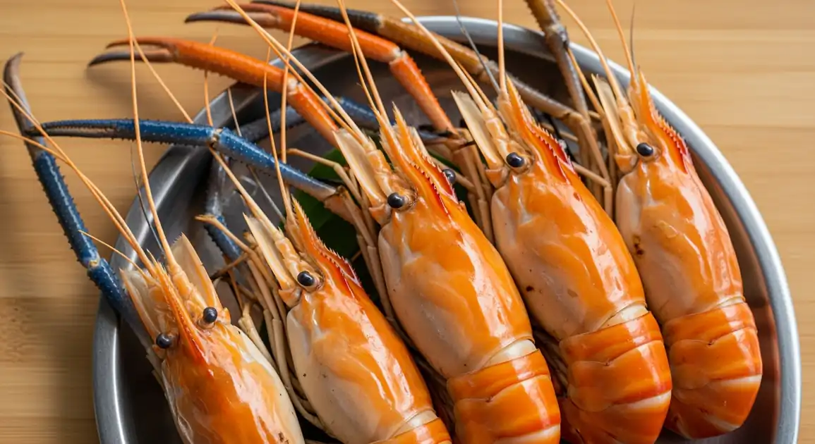 Close-up overhead view of large, bright orange Grilled Giant River Prawns (Goong Pao) from Thailand, glistening with melted...