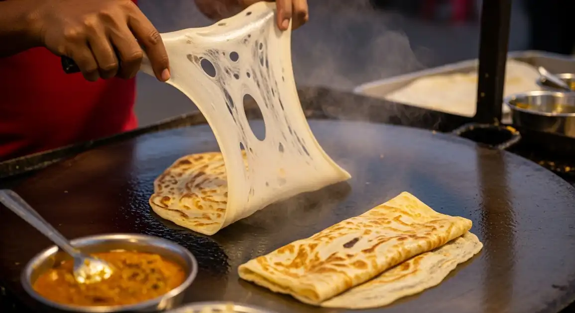 Skilled vendor making authentic Sri Lankan Gothamba Roti in Galle, stretching thin dough over a hot griddle at a street-side...