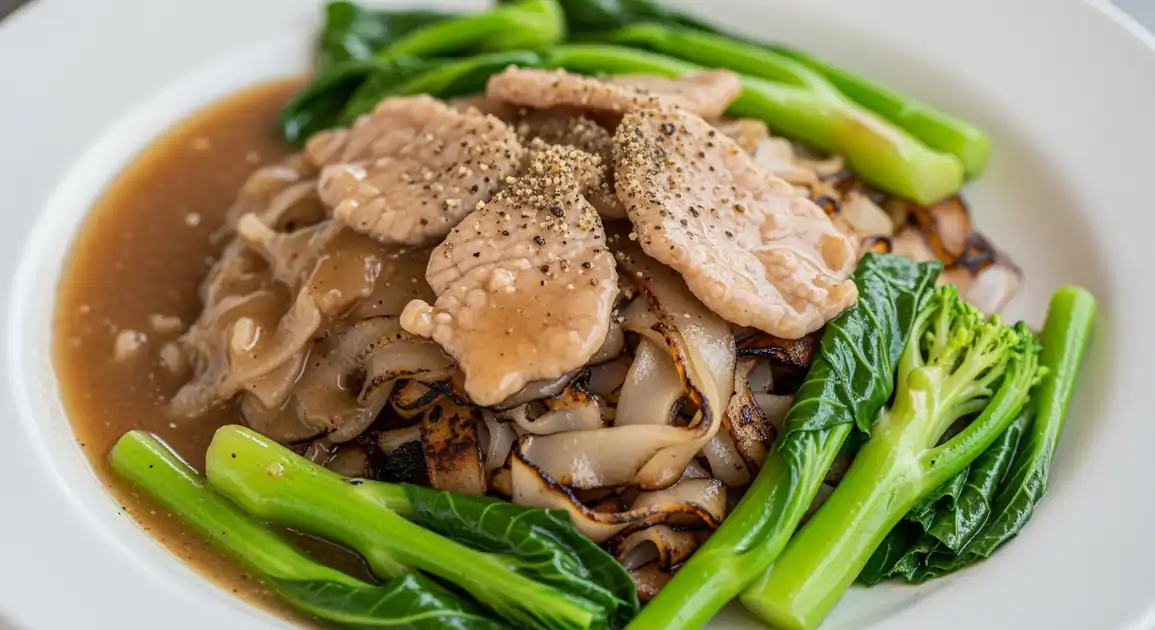 Plate of authentic Thai Rad Na gravy noodles from Bangkok, featuring charred wide rice noodles (Sen Yai) covered in glossy...