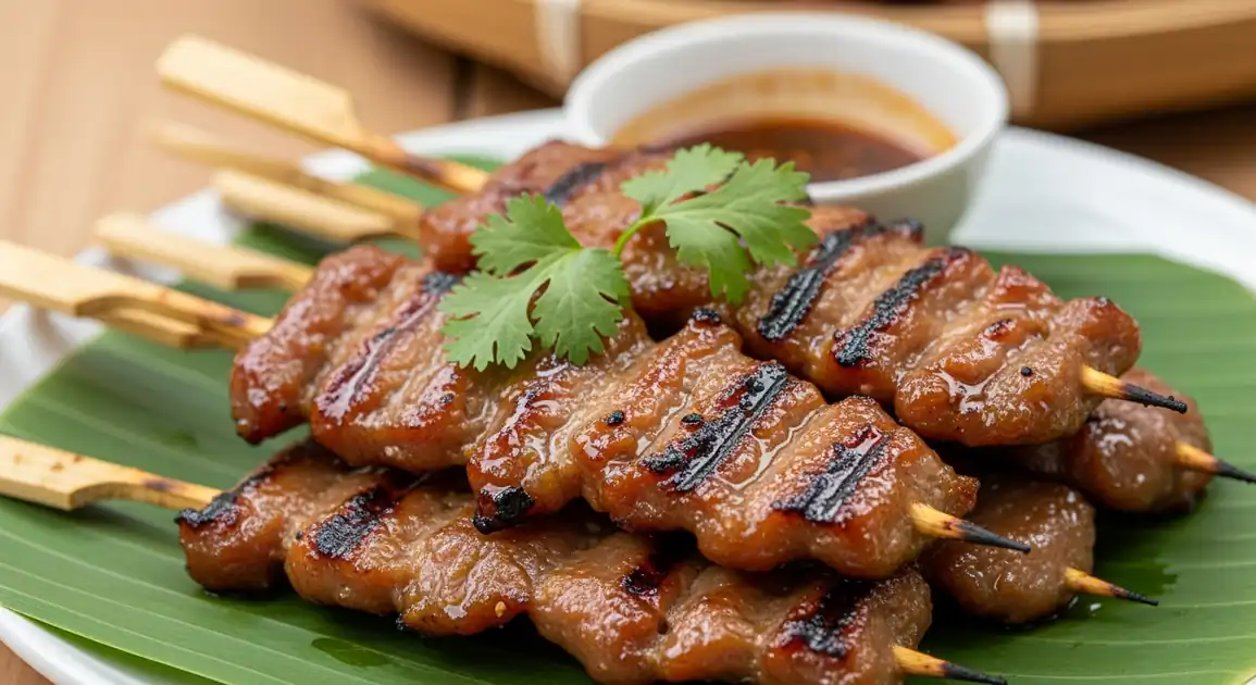 Close-up of authentic Thai grilled pork skewers (Moo Ping) with caramelized golden-brown exteriors and charred edges...