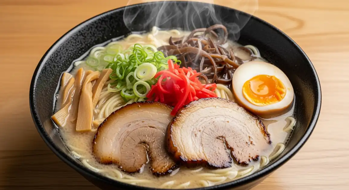 Professional food photography of authentic Hakata Ramen. A close-up, true overhead shot of a steaming black ceramic bowl...