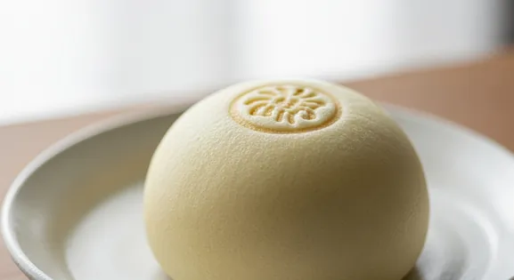 Professional food photography of an authentic Japanese Hakata Torimon. A close-up shot of a perfectly round, soft Japanese...
