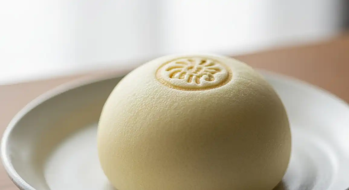 Professional food photography of an authentic Japanese Hakata Torimon. A close-up shot of a perfectly round, soft Japanese...