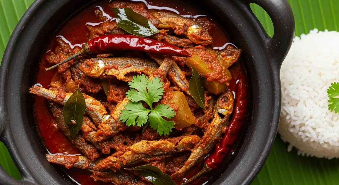 Overhead view of authentic Sri Lankan Hal Messo - numerous small whole dried fish (hal messo/anchovies) in a vibrant red...