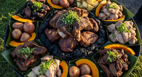 Overhead view of authentic New Zealand hangi featuring tender smoked meats (lamb, pork, and chicken) alongside golden kumara...
