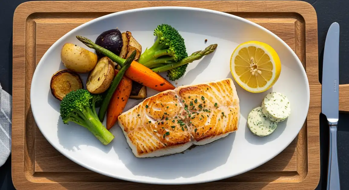 Overhead view of a perfectly seared hapuku fillet from New Zealand with golden-brown crust and flaky white flesh, plated on...