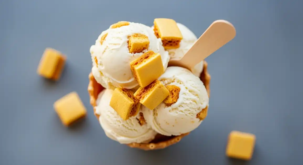 Top-down view of authentic New Zealand Hokey Pokey ice cream in a waffle cone, showing creamy vanilla ice cream dotted with...