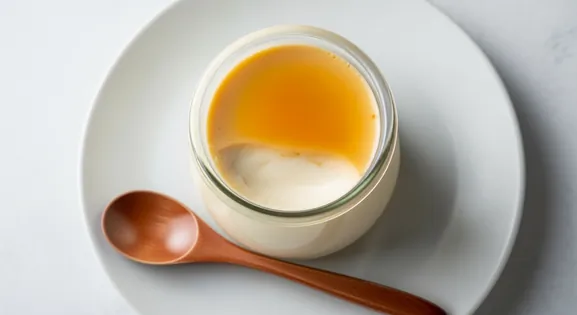 Overhead view of authentic Hokkaido milk pudding from Japan, showing a silky-smooth white dessert with a delicate wobble and...