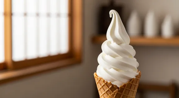 Overhead professional food photography of an authentic Hokkaido milk soft cream, showcasing its pristine white color and...