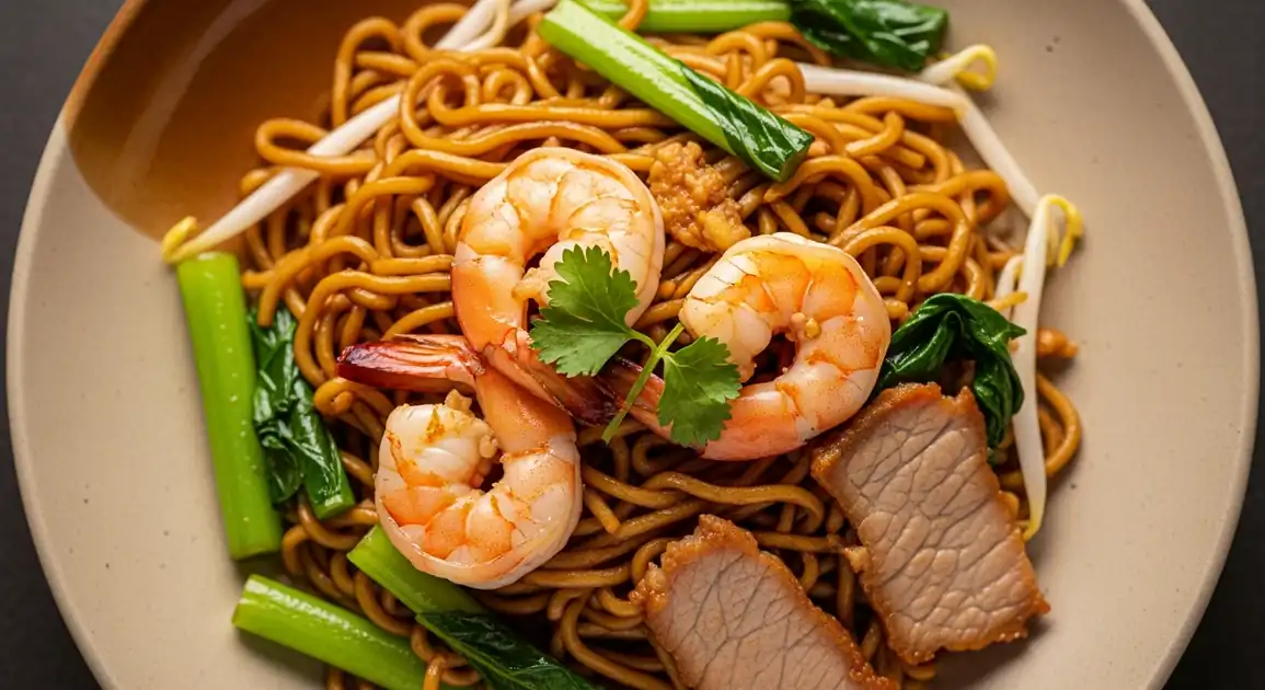 Overhead view of authentic Thai Hokkien Noodles from Phuket, showing steaming yellow egg noodles stir-fried with fresh...