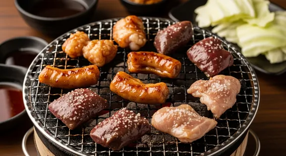 Close-up overhead view of assorted Japanese Horumonyaki (grilled offal) sizzling on a tabletop charcoal grill in a Tokyo...