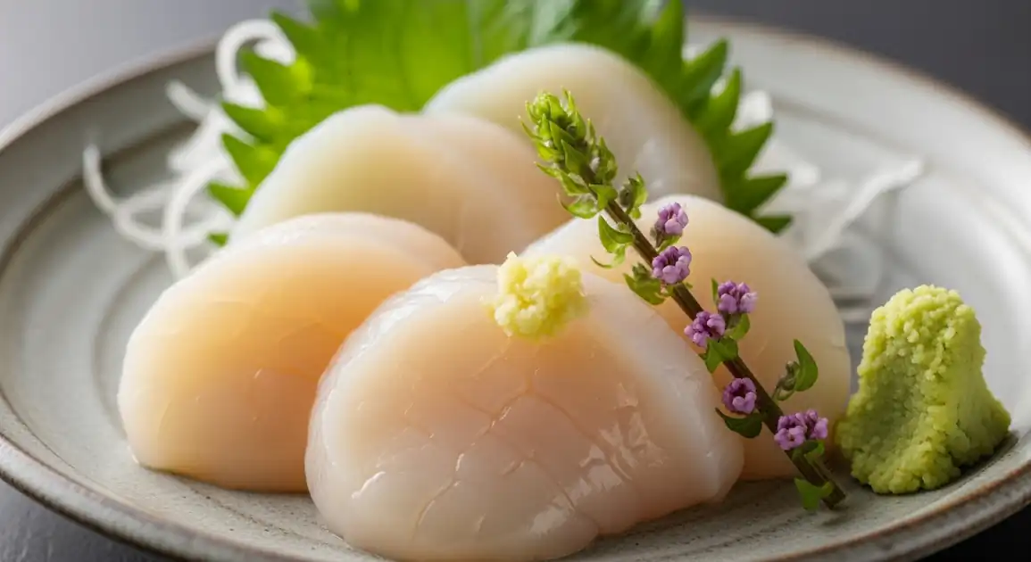 Close-up of authentic Japanese Hotate sashimi from Hokkaido, Japan; thick, glistening raw scallop slices arranged on a...