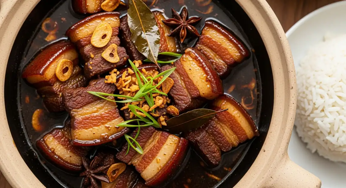 Authentic Filipino Humba Bisaya from Bohol, showing glistening dark-brown pork belly chunks with visible fat layers in a...