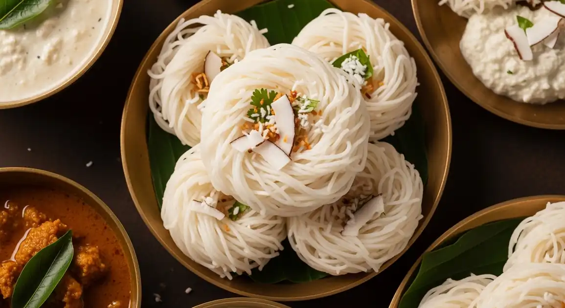 Overhead view of authentic Sri Lankan Idiyappam (string hoppers) - delicate white rice noodle pancakes with intricate...