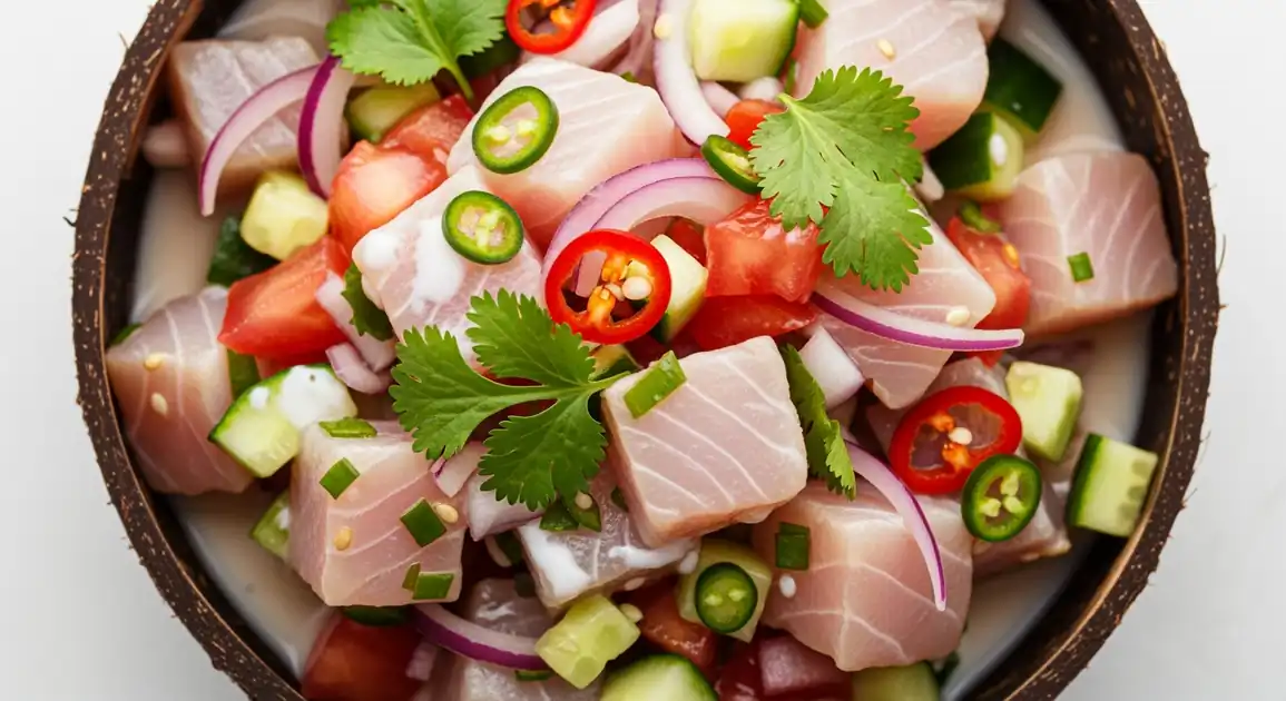 Overhead view of authentic New Zealand Ika Mata served in a coconut shell bowl - featuring bright cubes of fresh raw fish...