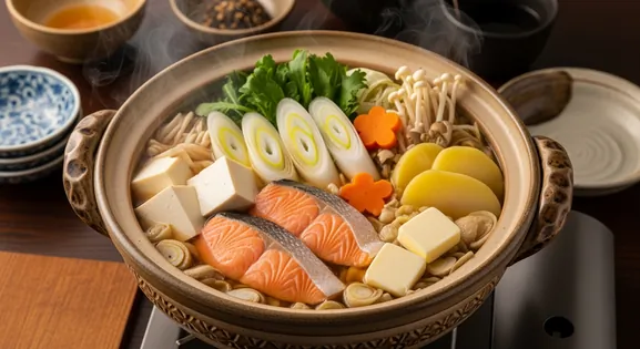 Overhead view of traditional Japanese Ishikari Nabe from Hokkaido; a steaming earthenware pot filled with rich miso broth...
