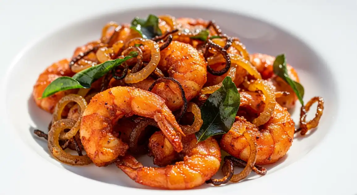 Close-up of authentic Sri Lankan Isso Baduma: small crispy fried spicy shrimp mixed with golden onions and dark green curry...