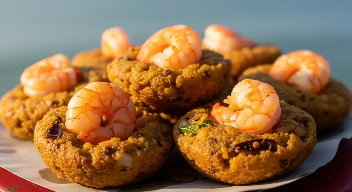 Close-up of crispy, golden-brown Isso Wade (Sri Lankan prawn fritters) topped with whole prawns, served hot from a street...