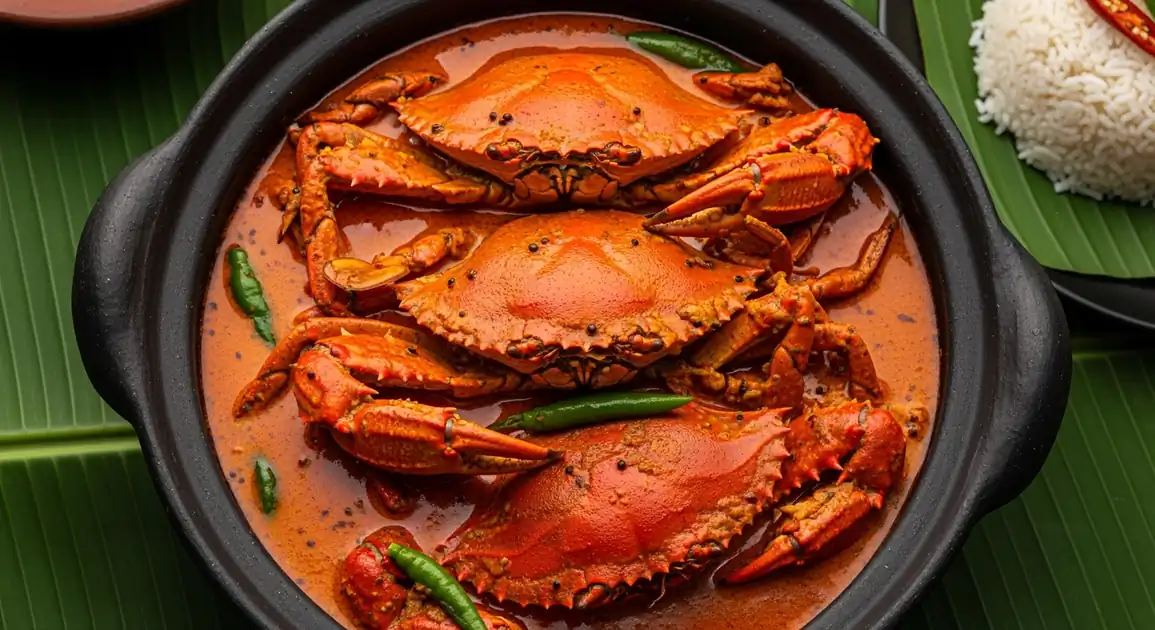 Overhead view of authentic Sri Lankan Jaffna Crab Curry served in a traditional clay pot - bright red-orange curry with...
