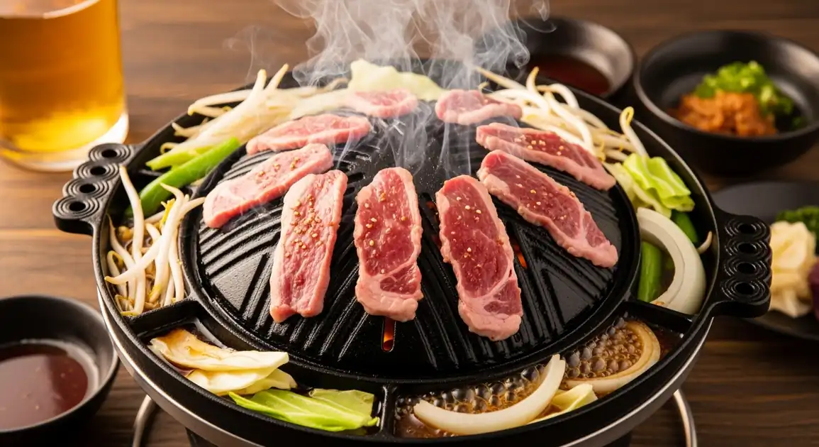 Overhead professional food photograph of authentic Japanese Jingisukan. Thinly sliced marinated lamb sizzles on a...