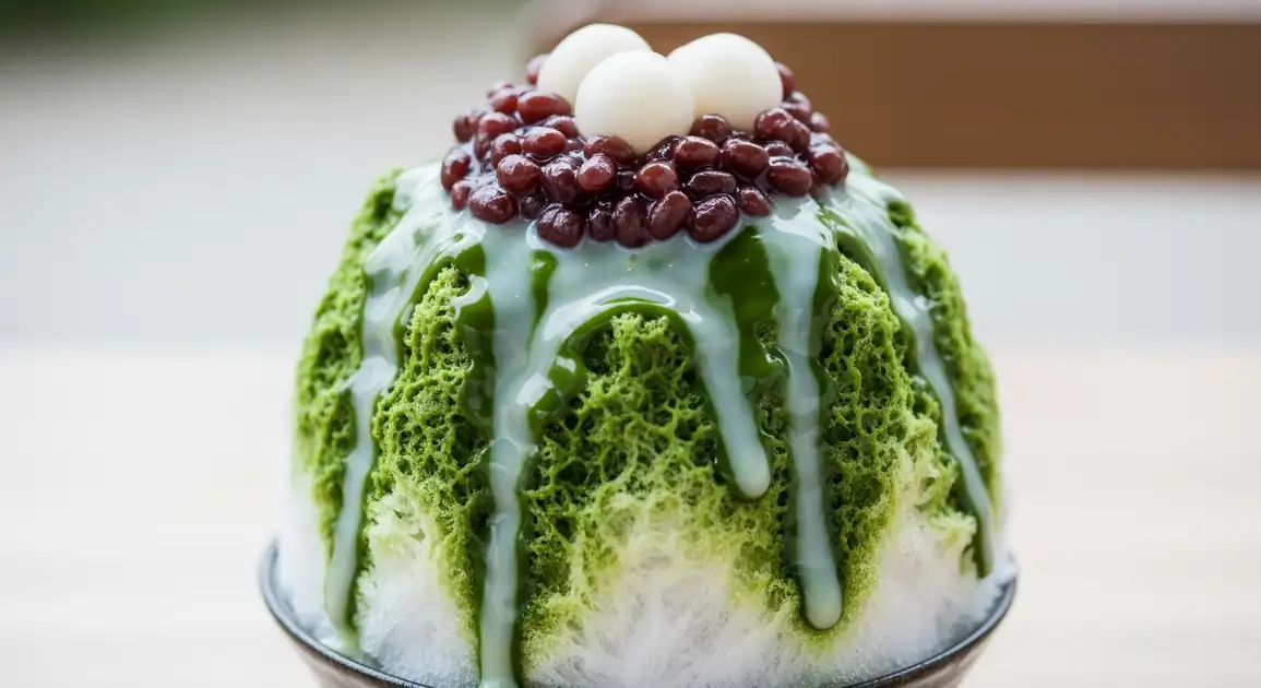 Close-up of authentic Japanese Kakigori: fluffy snow-like shaved ice mound glistening with vibrant matcha syrup and creamy...