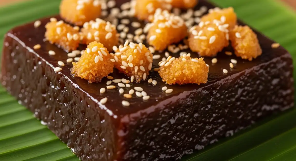 Professional close-up food photography of authentic Filipino Kalamay; a rich dark brown, sticky rice cake block with a...