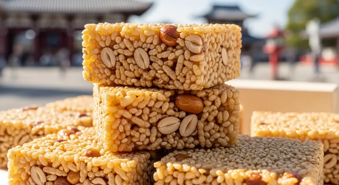 Authentic Kaminari Okoshi stacked crisply, showcasing puffed rice, peanuts, and sesame seeds bound by syrup, reflecting...
