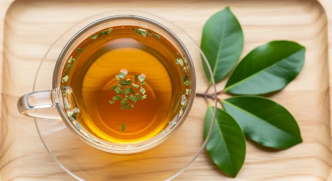 Overhead professional food photography of authentic New Zealand kawakawa tea. A clear glass teacup holds radiant...