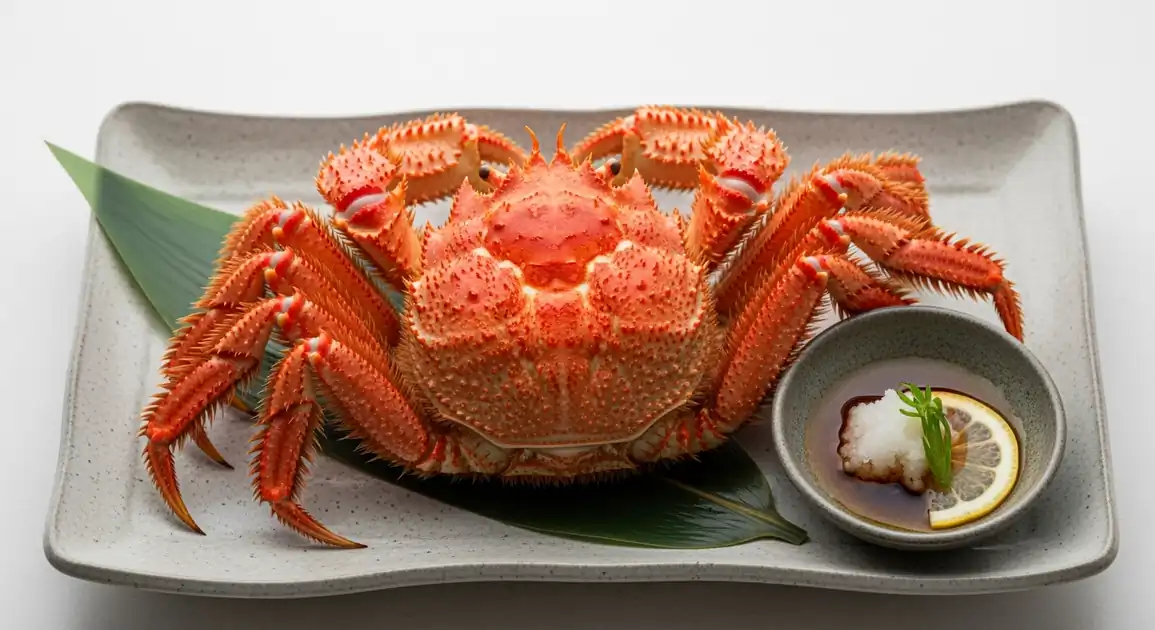 Professional food photography of a whole, vibrant bright red, freshly steamed Japanese Kegani (Horsehair Crab) from...
