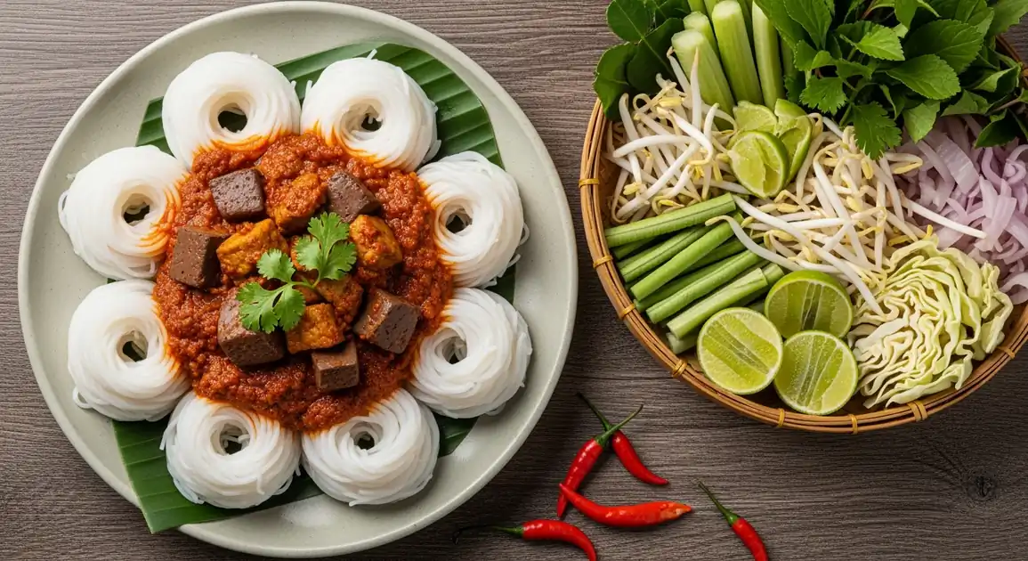 Overhead view of authentic Thai Khanom Jeen Nam Ngiaw on a traditional ceramic plate, featuring perfectly formed coils of...