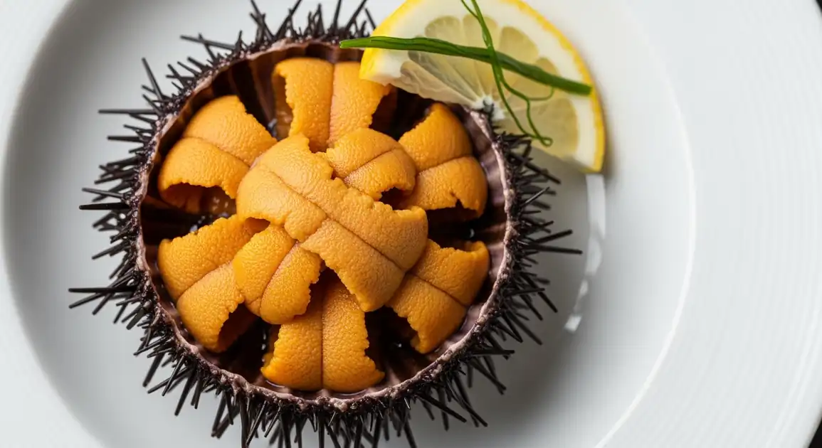 Overhead professional food photography of authentic New Zealand Kina. The image showcases a freshly opened sea urchin with...