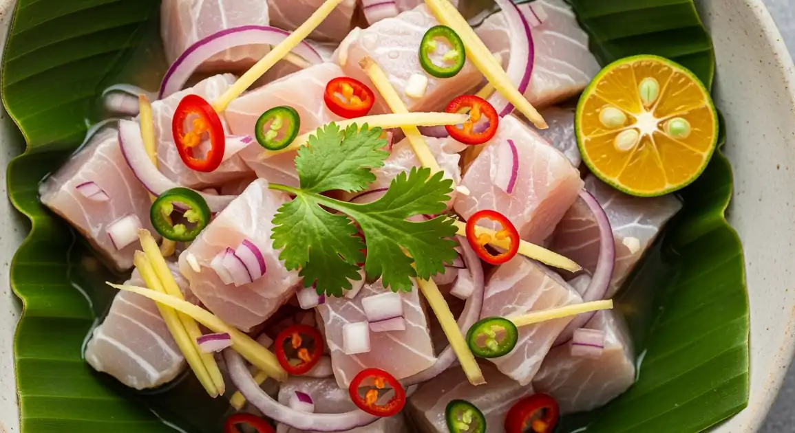 Overhead view of an authentic Filipino Kinilaw dish. Fresh, translucent raw fish cubes are marinated in a clear, tangy...