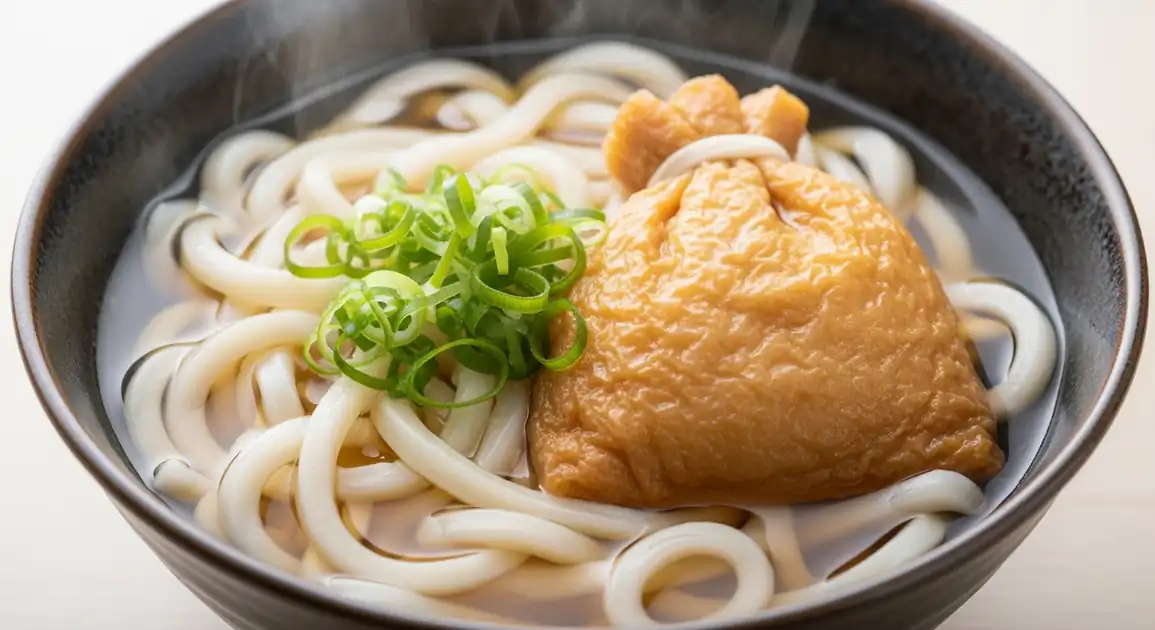 Professional food photography of authentic Japanese Kitsune Udon in a traditional donburi bowl, showcasing thick, bouncy...
